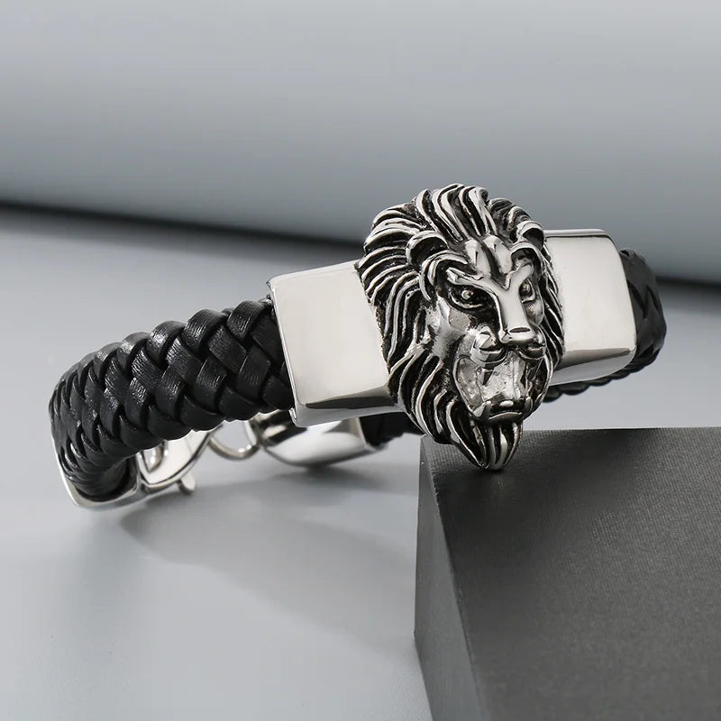 KALEN Fashion Mens Bracelets Stainless Steel Cowhide Leather Lion Head Bracelet Bangle