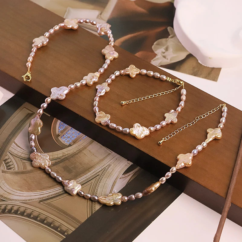 GLSEEVO Natural Purple Four Leaf Clover Baroque Pearl Jewelry Set for Women Daily Wear Pearl Necklace Bracelet Fashion Jewelry