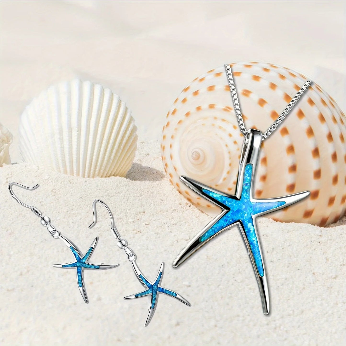 Marine Star Opal Jewelry Set Blue Fire Opal Sea Star Necklace & Earrings Coastal Pet Lover Bulk Gifts