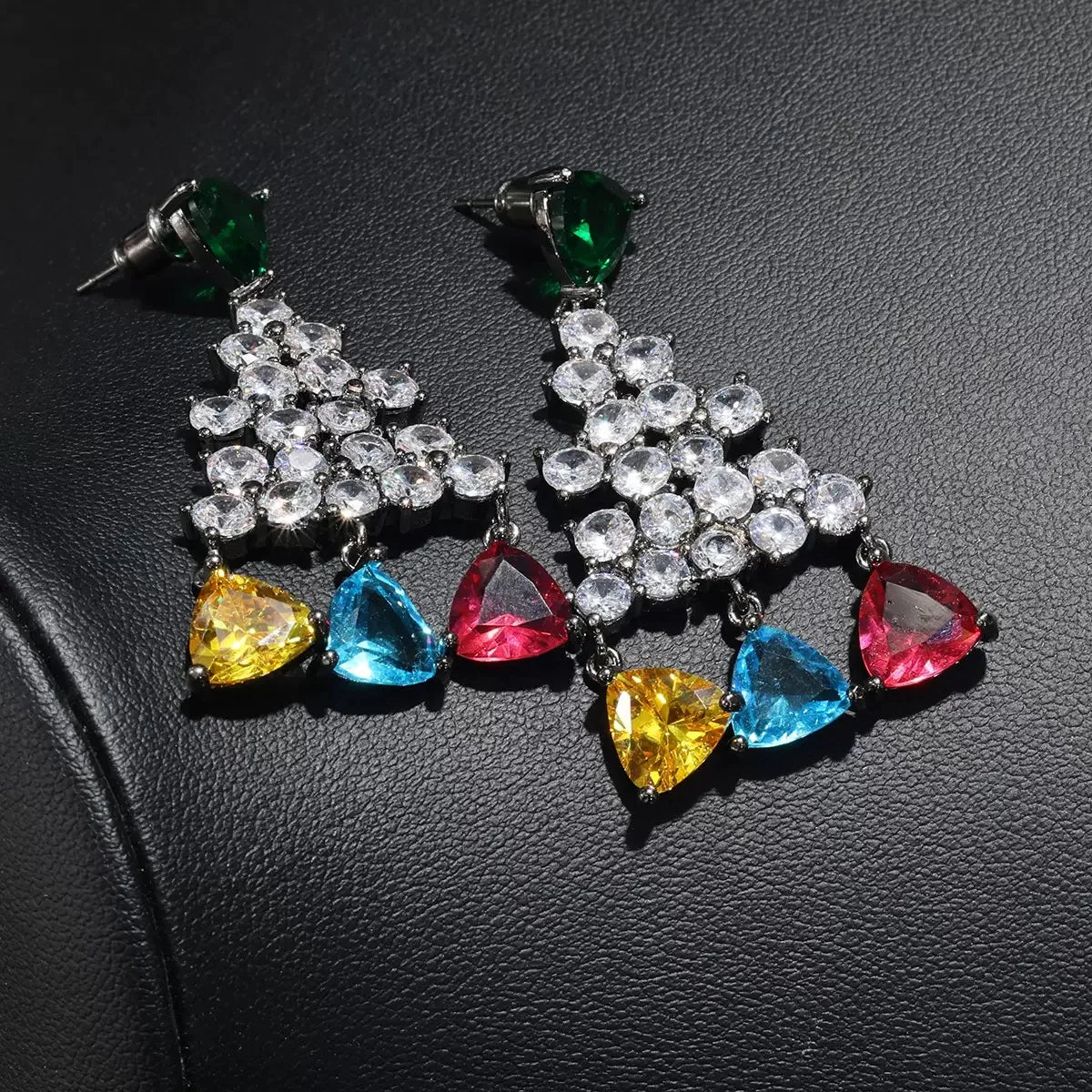 Bella Viva Luxury Multicolor Triangle 3A Cubic Zirconia Earrings & Necklace Set for Women Rainbow Color Party Jewelry