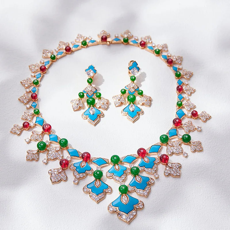 Turquoise Flower Jewellery Set – Gold-Plated Necklace & Earrings