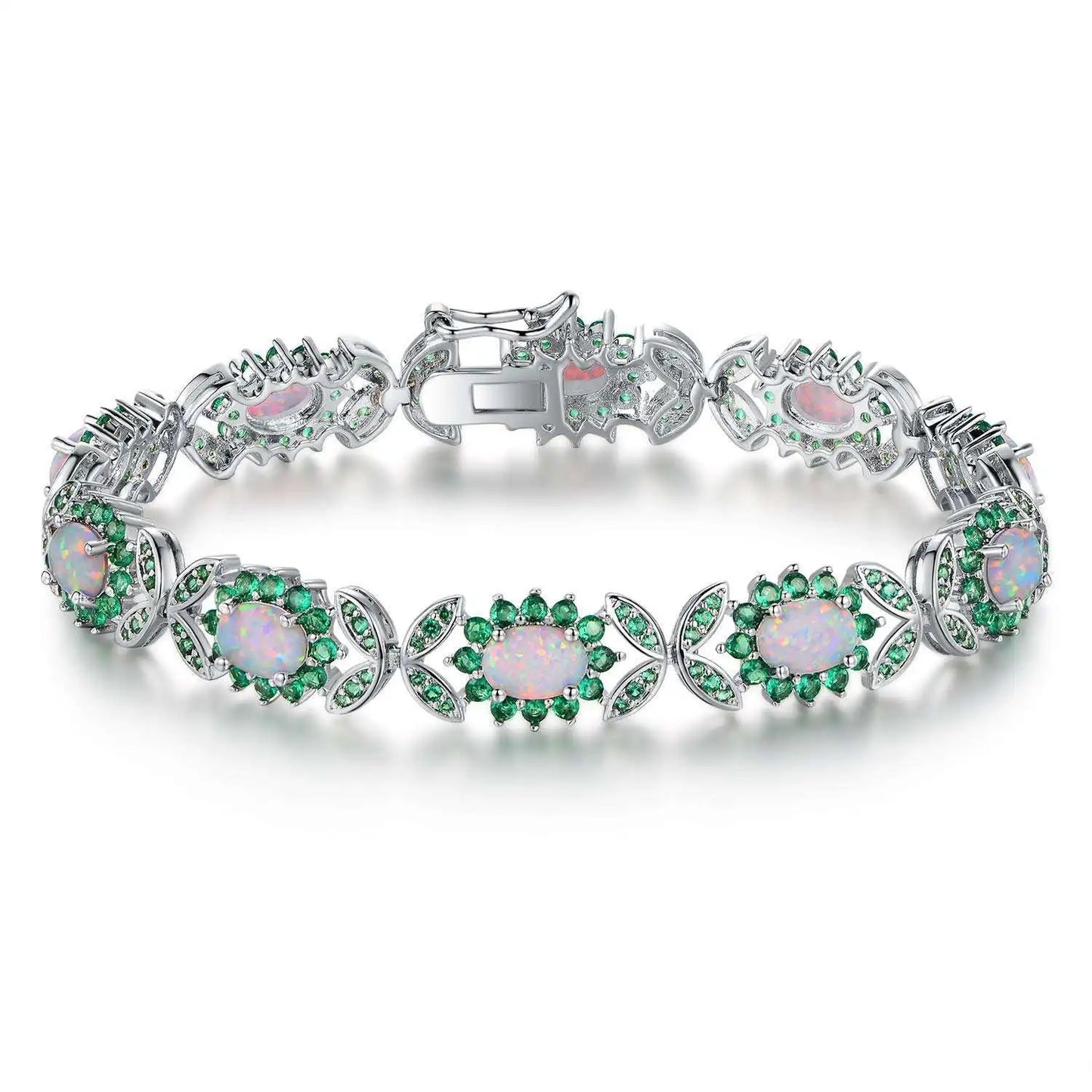 Trendy Brass Beaded Oval-Shaped Flower Pattern Bracelets Opal Inlays-Bohemia Style Women's Jewelry Gold/Silver Plated