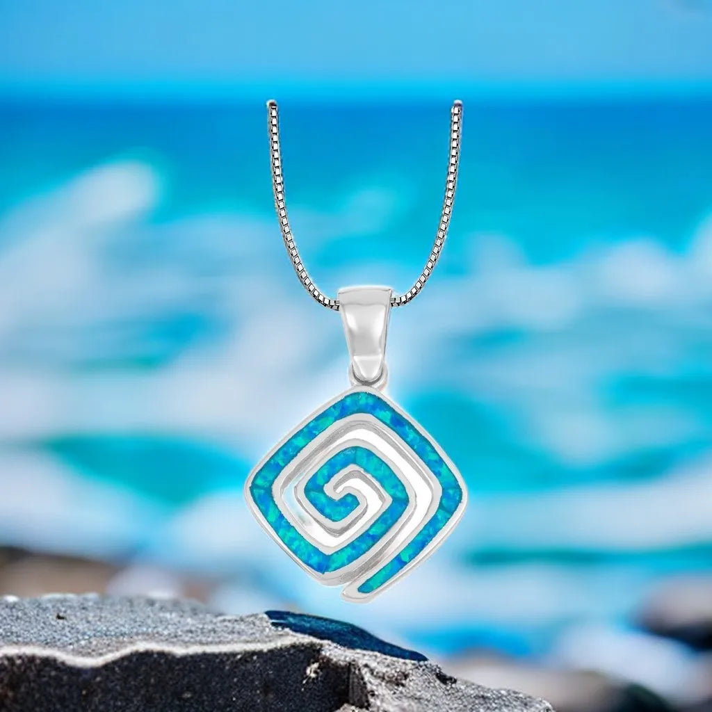 Square Spiral Pendant - Blue Opal Inlaid Silver Plated Artistic Jewelry for Women Wholesale