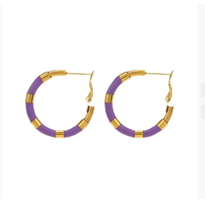 REDheart Colorful Oil-Dripping Stainless Steel Hoop Earrings Unique Simple Geometric Round Design 18K Gold-Plated for Ladies