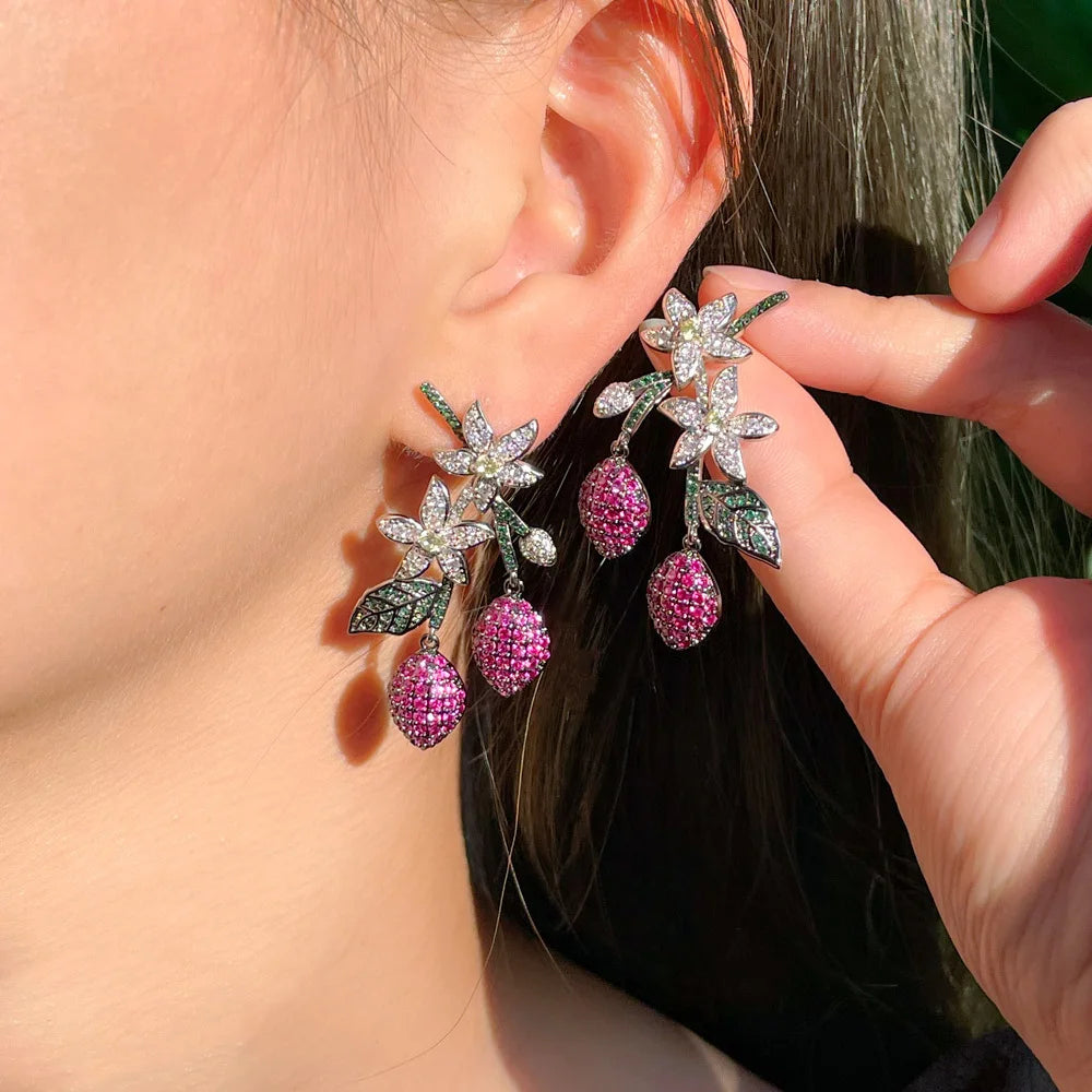 S&S Red CZ Flower Leaf Water Drop Dangle Earrings | Two-Tone | 925 Pin | NewLife