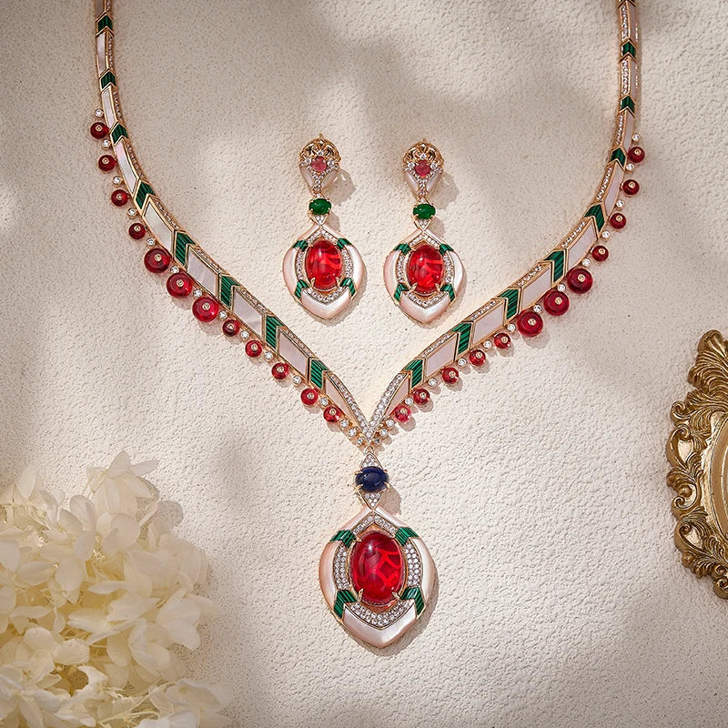 High End Women's Brass Jewelry Sets Inset Malachite Necklace White Zirconia Pearl Earrings Ring Suitable Gifts Parties Weddings