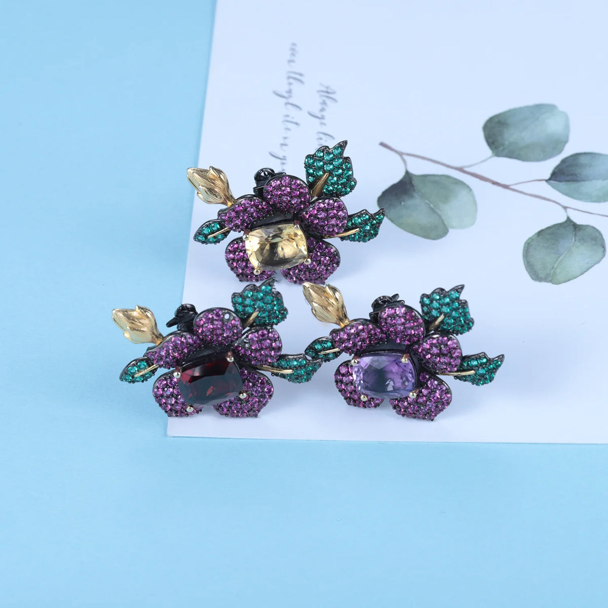 REDheart TIANSHE Design High-end Jewelry S925 Pure Silver Flower Brooch Pendant Natural Amethyst Ring Earrings Set