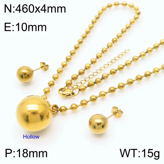 FASHIONISTA Fashion Simple Two-Piece Set Gold Plated Bead Pendant Stainless Steel Necklace Earrings Jewelry Set