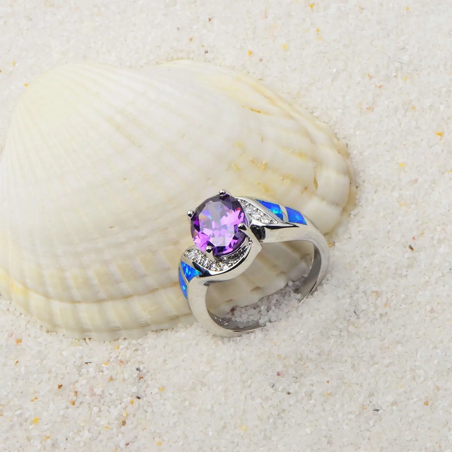 Statement Purple Gemstone & Blue Opal Ring | Zircon-Accented  Band | Luxury Fashion Jewelry for Women Men