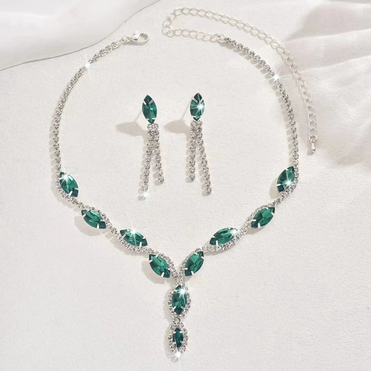 XM S375 Silver Plated Marquise Cut Zircon Floral Statement Necklace & Tassel Drop Earrings Set