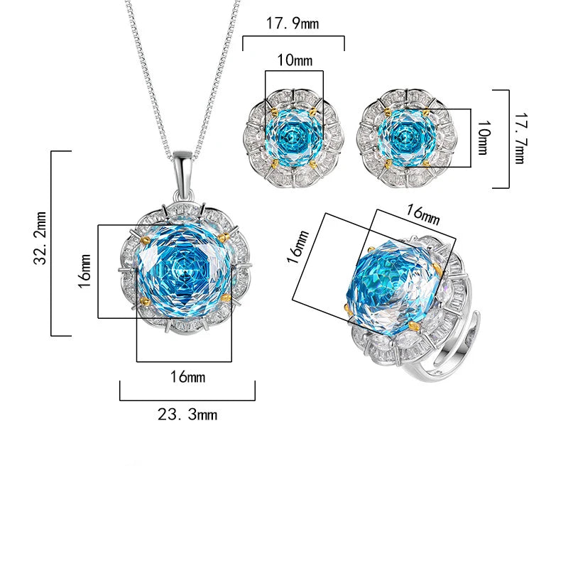 Gemfiori Luxurious Unique Rose Circular Design Necklace Earrings for Girls Blue Cubic Zircon Set Fashionable Women Adjustable Ring