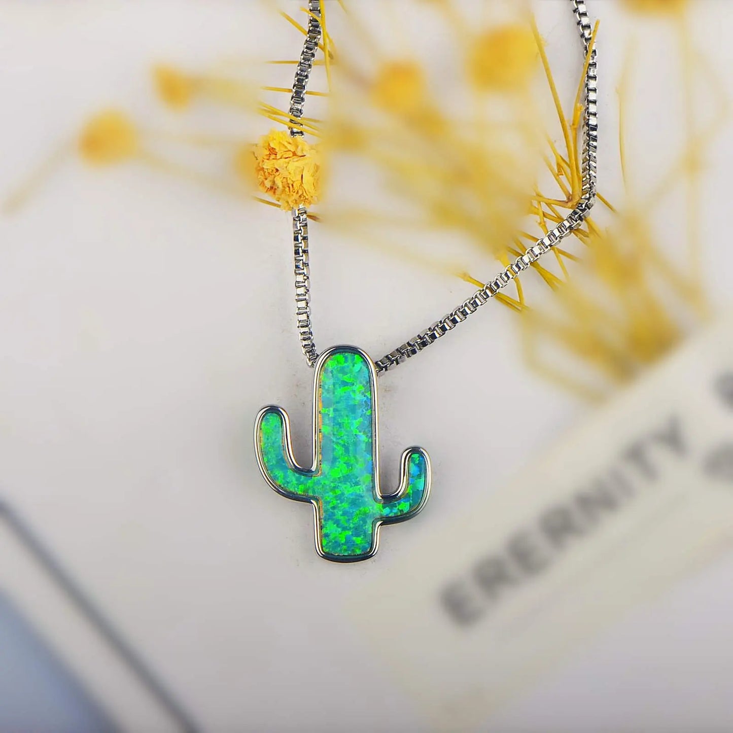 Vintage Aobao Silver Plated Box Chain Opal Inlaid Cactus Design Party Diamond Pendant Necklace