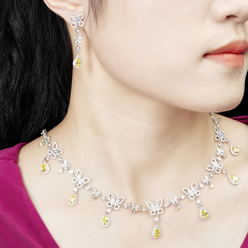 Brass Plated Gold Inlaid Zircon Colorful butterfly Necklace Earrings Bracelet Women's Banquet High-end Suit