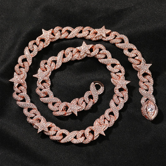 REBEL High-End 10mm Cuban Chain Necklace for Men Full Star Eye Clasp Fashion Jewelry with Zircon and Copper Material