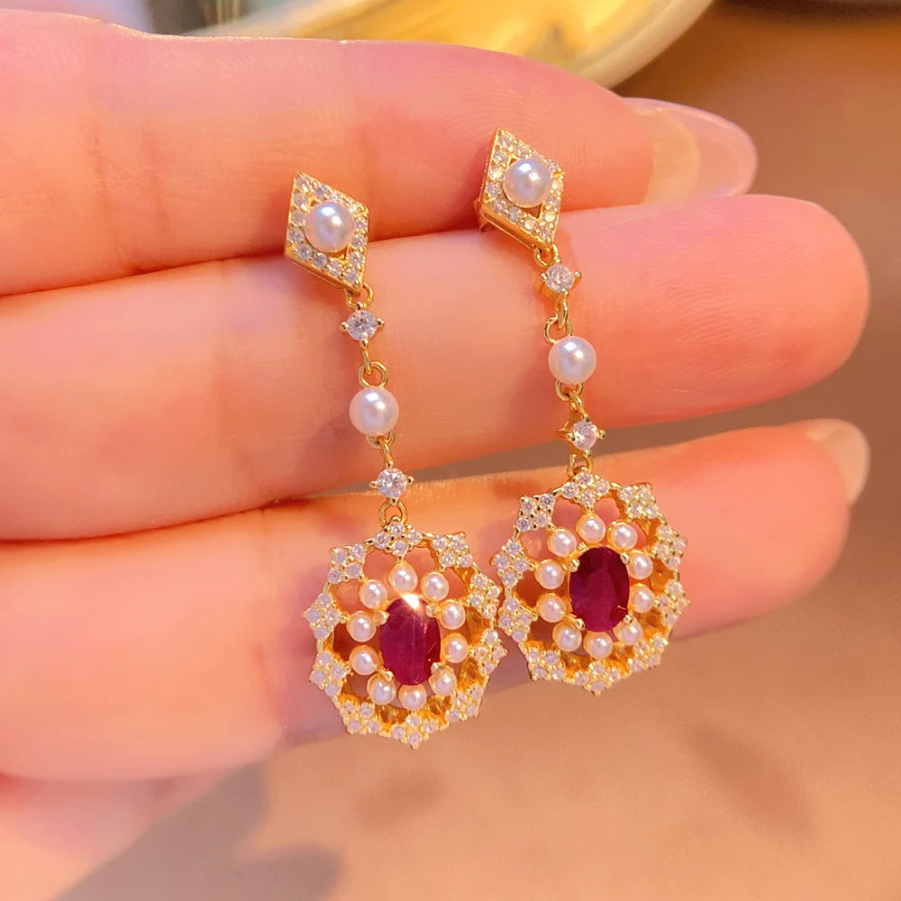 Gioiellieri 925 Sterling Silver Oval Cut Ruby Natural Stone Claw Setting Gold Plated Drop Earrings Luxury Jewelry Gift Women Party Occasion