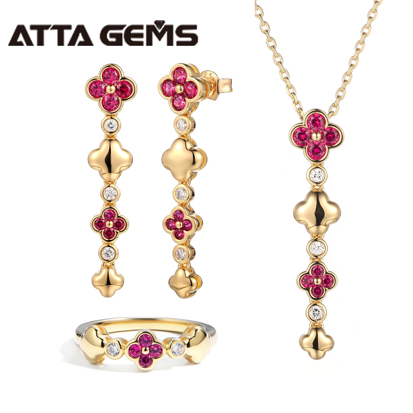 ATTA Luxury Clover Fine Jewelry Set in 925 Sterling Silver with Lab Created Sapphire Gold Plated Necklace Earrings Ring Set