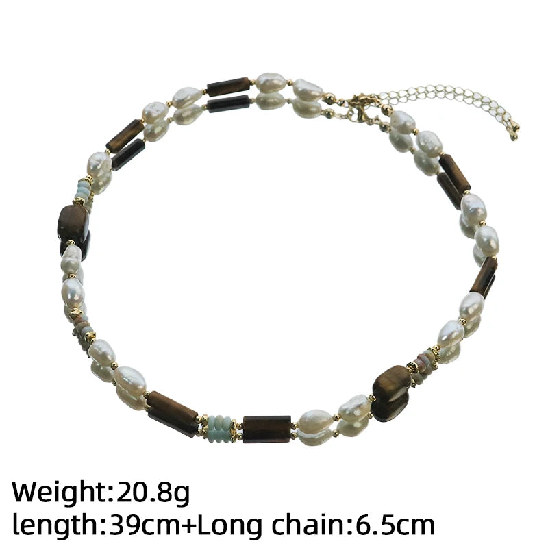 Natural Freshwater Pearl Tiger Eye Shoushan Stone Beaded Necklace for Women Daily Wear Vacation Retro Necklace Bohemian Jewelry