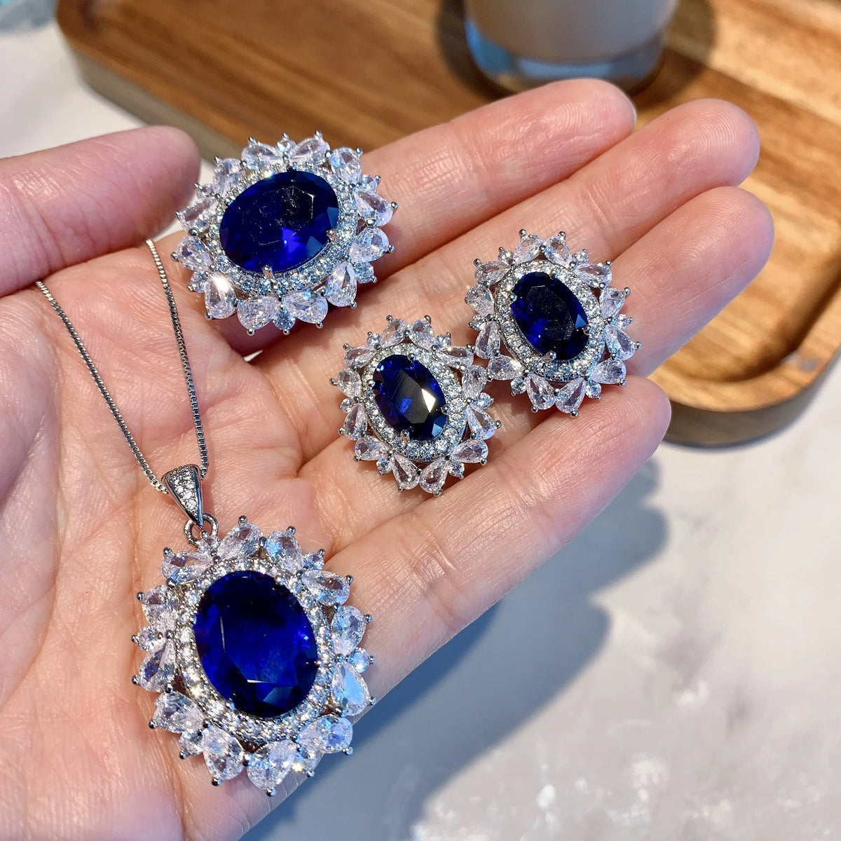 Gemfiori New Temperament Blue Rhinestone Zircon Jewelry Inlaid Vintage Earrings Ring Shiny Delicate Round Flower Necklace for Women Gifts