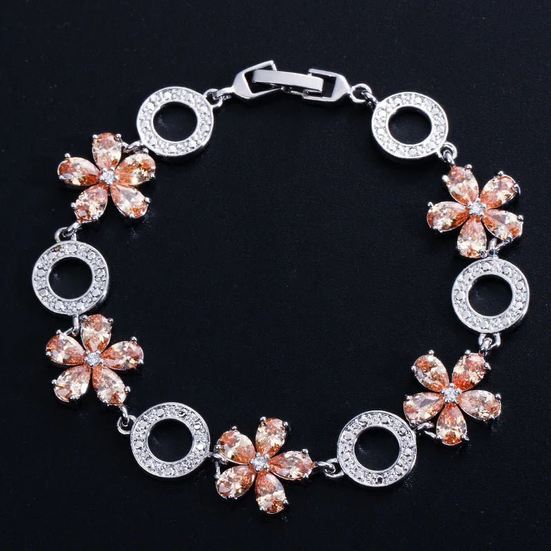 Women's Trendy Floral Design AAA Zirconia Beaded Bracelet 925 Silver Stamped Geometric Jewelry Platinum Plated Gift for