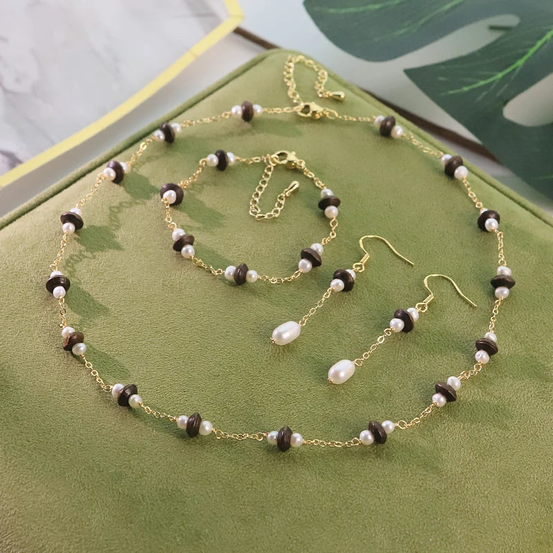 Natural Freshwater Pearl Tiger Eye Jewelry Set for Women Daily Wear Dating Necklace Bracelet Earrings Set