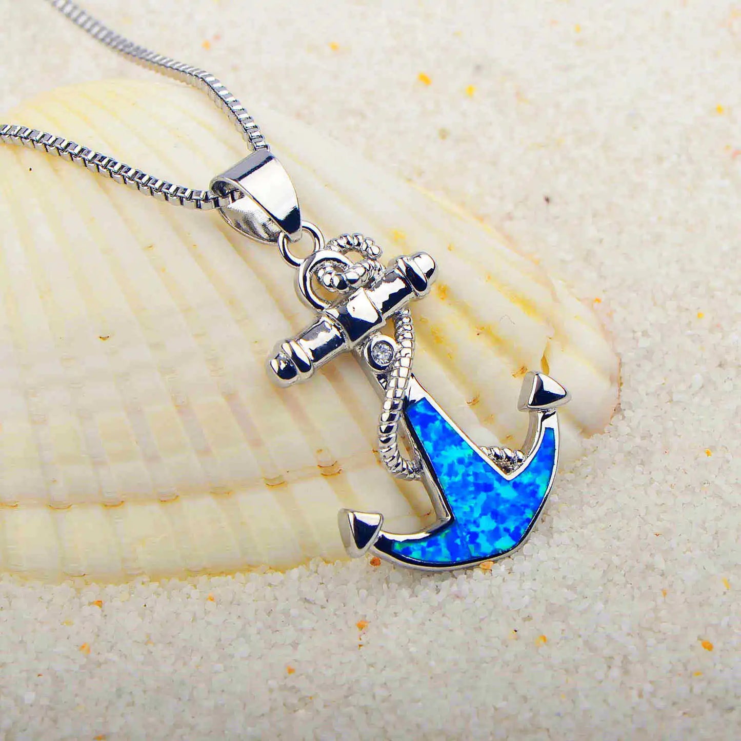 Fashionable Hawaiian Ocean Style Blue Opal Anchor Lariat Necklace Silver Plated Copper Alloy Link Chain