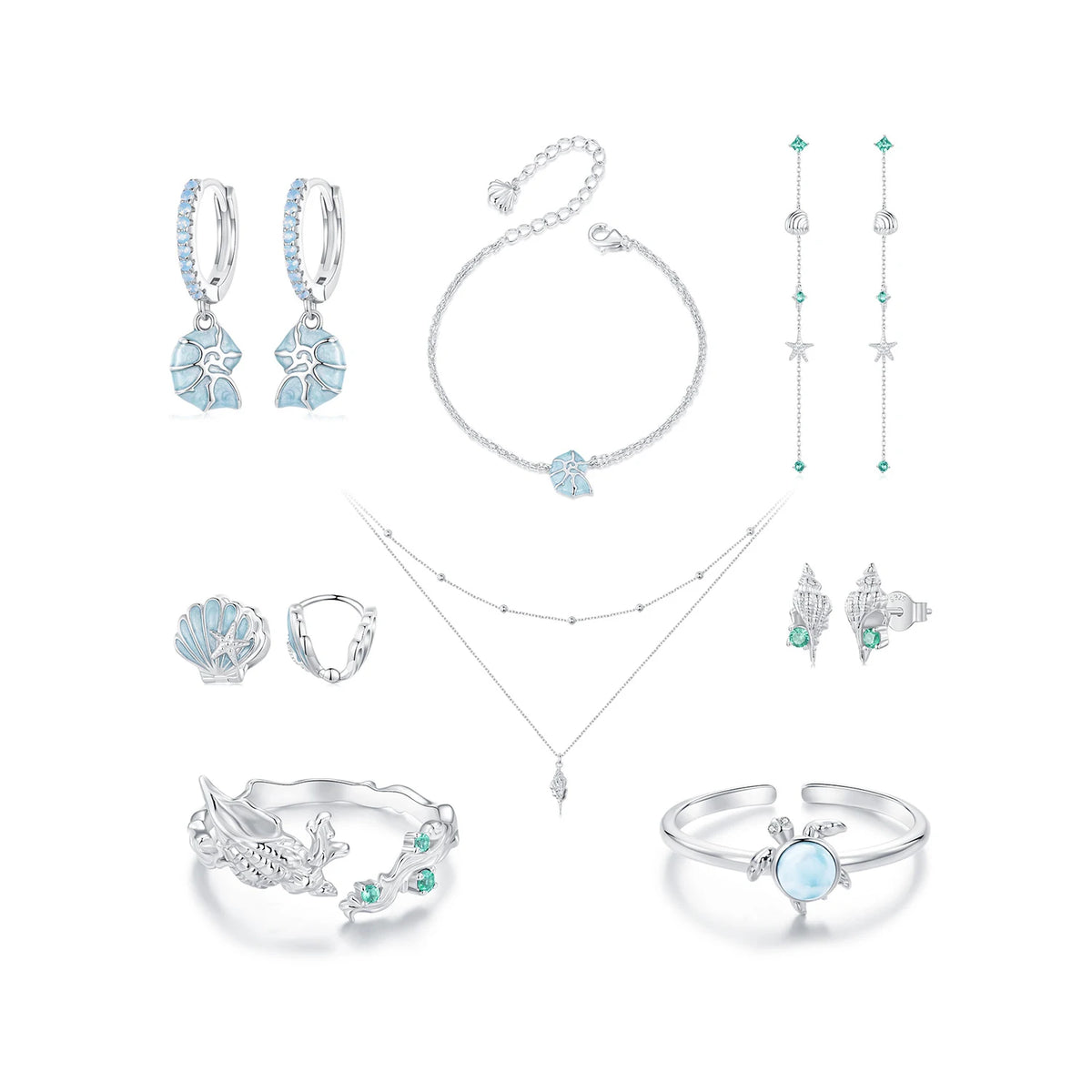 Qings Fashion Sterling Silver Jewelry Sets Fine Jewelry Marine Blue Ocean Conch Shell Turtle Bracelet Necklace Ring Earrings Set