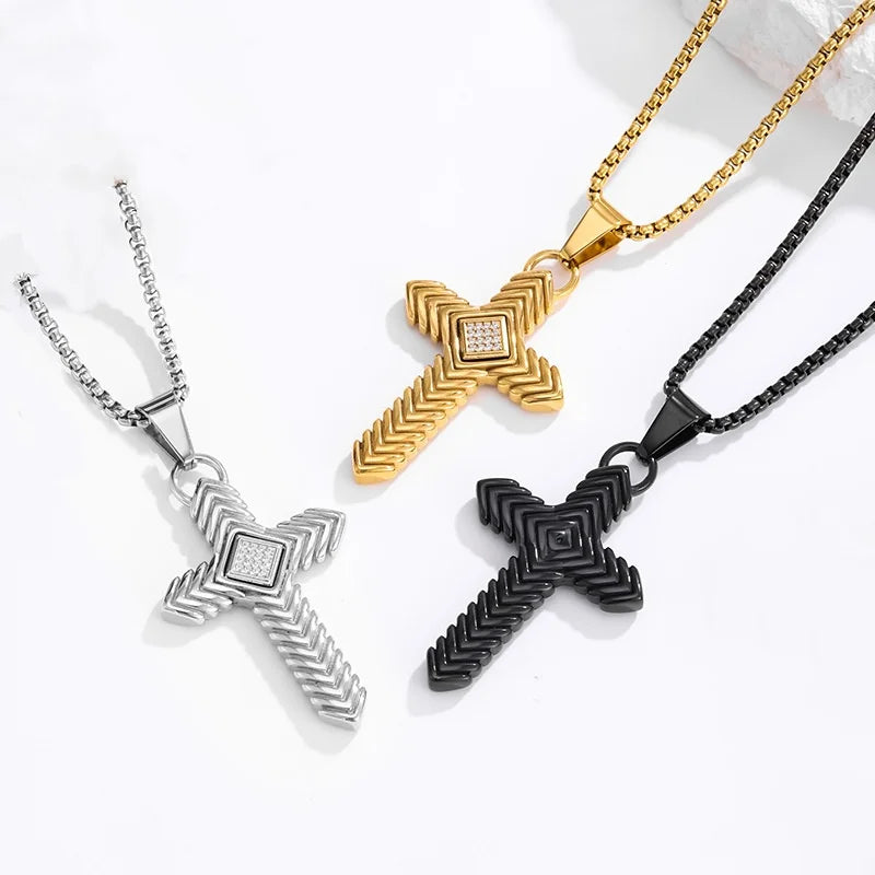 Wholesale Pvd Gold Black Silver Metal Color Plated Hip Hop 316 Stainless Steel with Bling Zircon Striped Cross Pendant Necklace