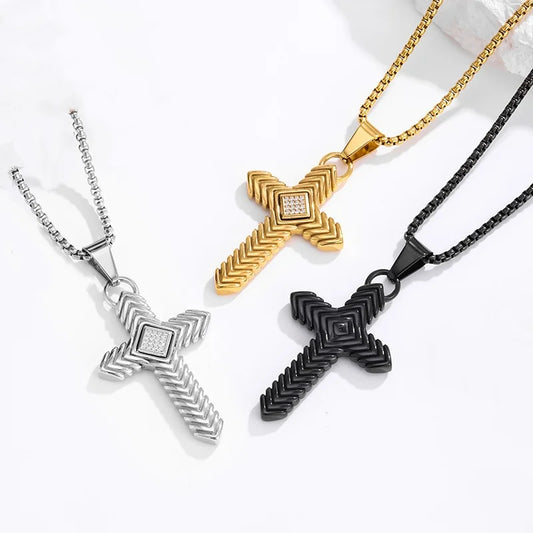Wholesale Pvd Gold Black Silver Metal Color Plated Hip Hop 316 Stainless Steel with Bling Zircon Striped Cross Pendant Necklace