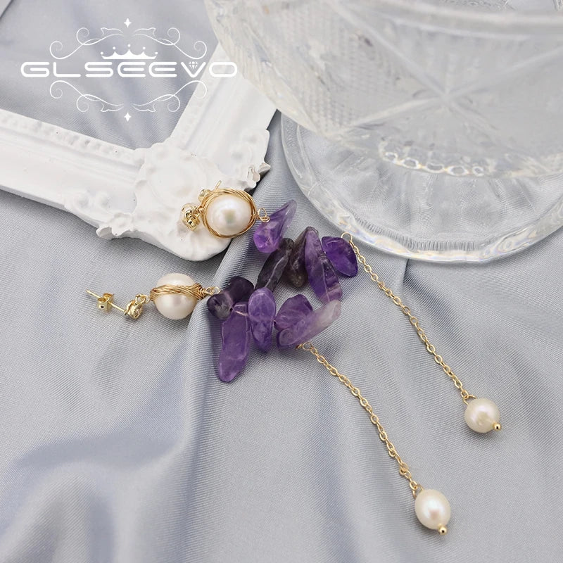 Amethyst Freshwater Pearl Handmade Wire Wrapped Dangle Earrings Chain Fashion Charm Luxury Earrings Women Jewelry