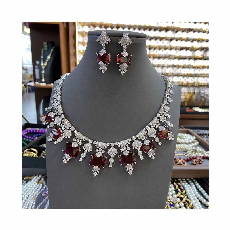 Luxury Princess-Cut Ruby Zirconia Claw-Set Necklace & Earrings Bridal Set — Rhodium Plated
