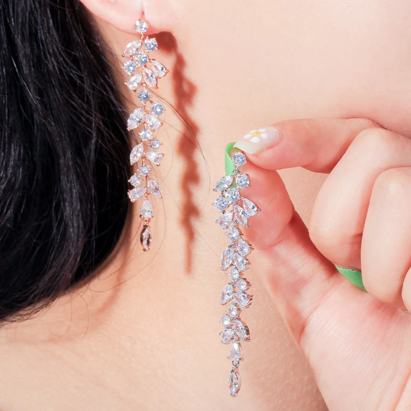 S&S CZ Crystal Leaf Drop Earrings – Marquise Cut – Rose Gold, Gold & Silver – Collection