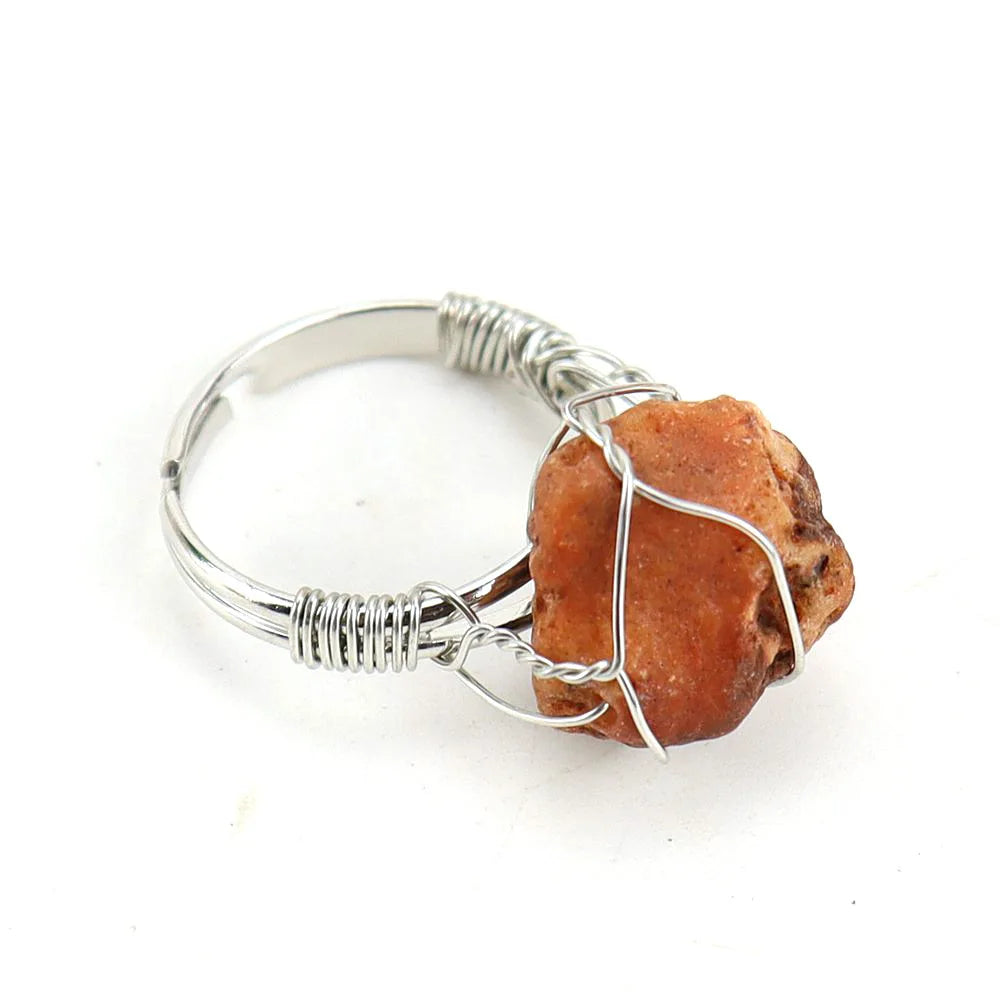 Men Women Large Stone Rings Wire Wrapped Crystal Resizable Gem Ring