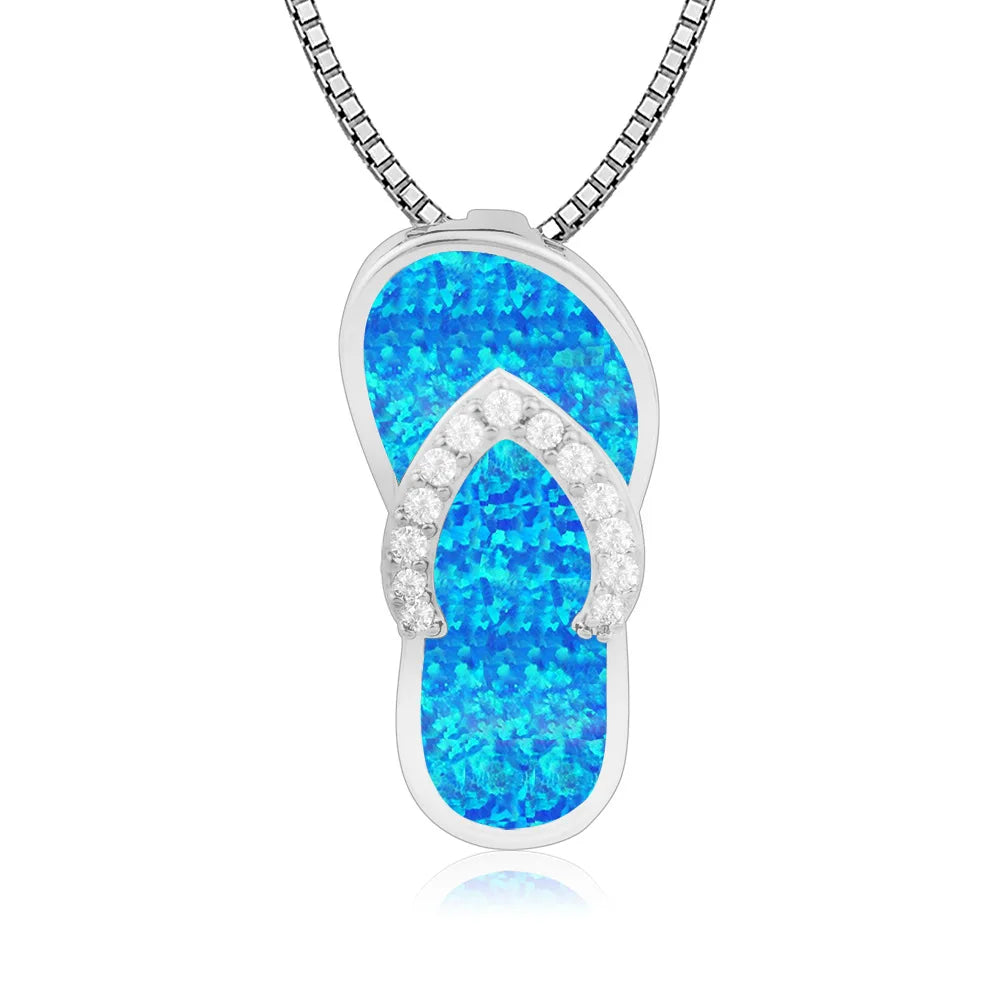 Premium Christian Copper Opal Embedded Trendy Flip Flop Pendant Sweater Link Chain Silver Plated Hawaiian Style Bulk Necklace