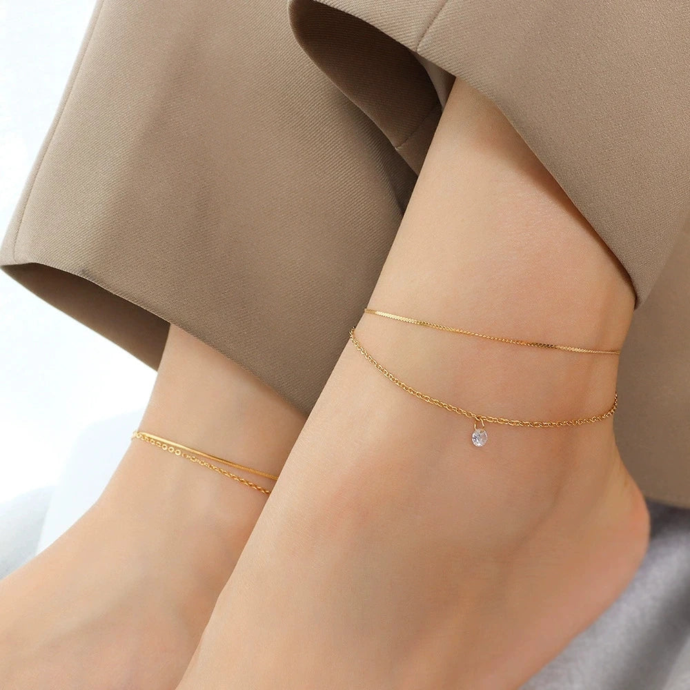 LT-S003 Light Luxury, Stylish Double-layer Minimalist Niche Anklet Inlaid with Zircon Stainless Steel and Plated with 18k Gold