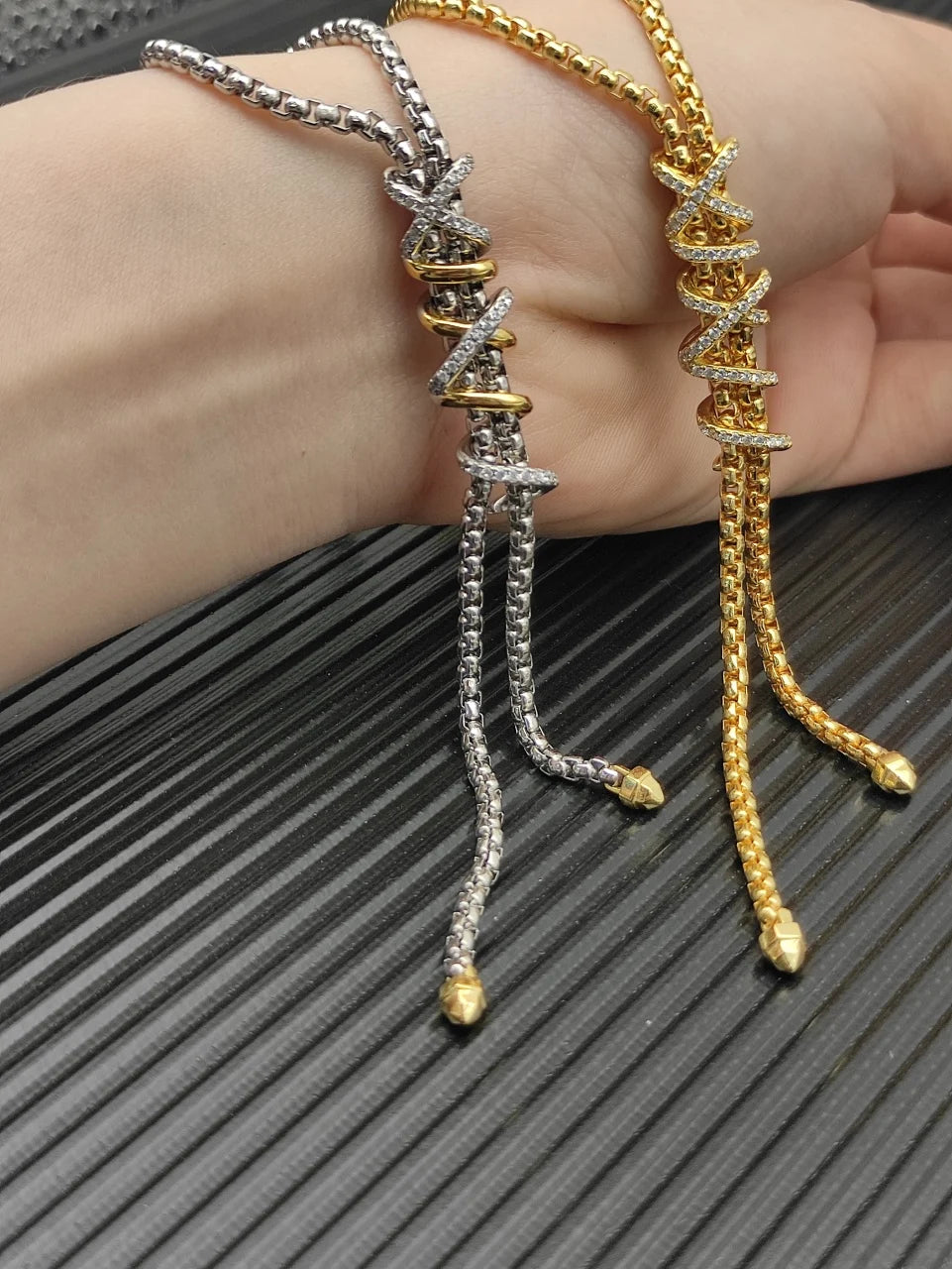 DY High-Quality Silver-Plated Square Box Chain Diamond Necklace. Gold-Plated Tassel Diamond Necklace. Jewelry Wholesale.