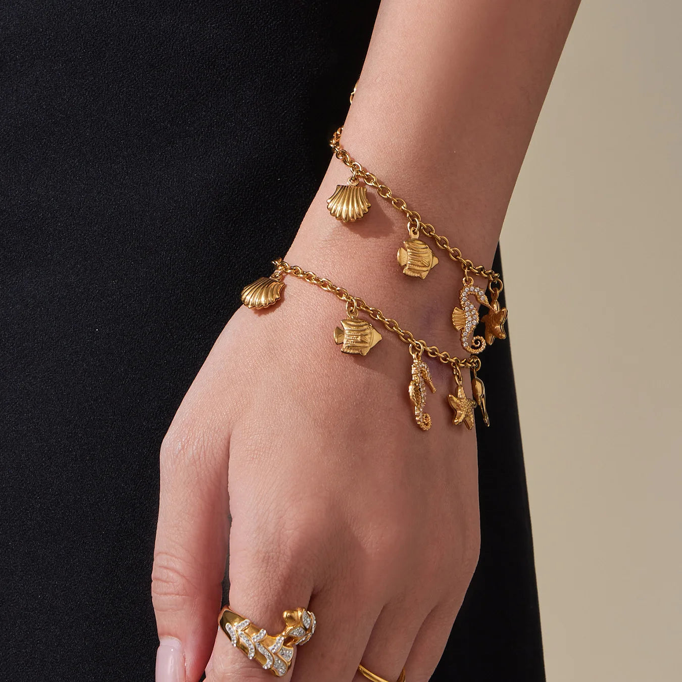 Seahorse & Starfish Natural Stone Multi-Pendant Necklace | 18K Gold Plated Coastal Fashion Jewellery