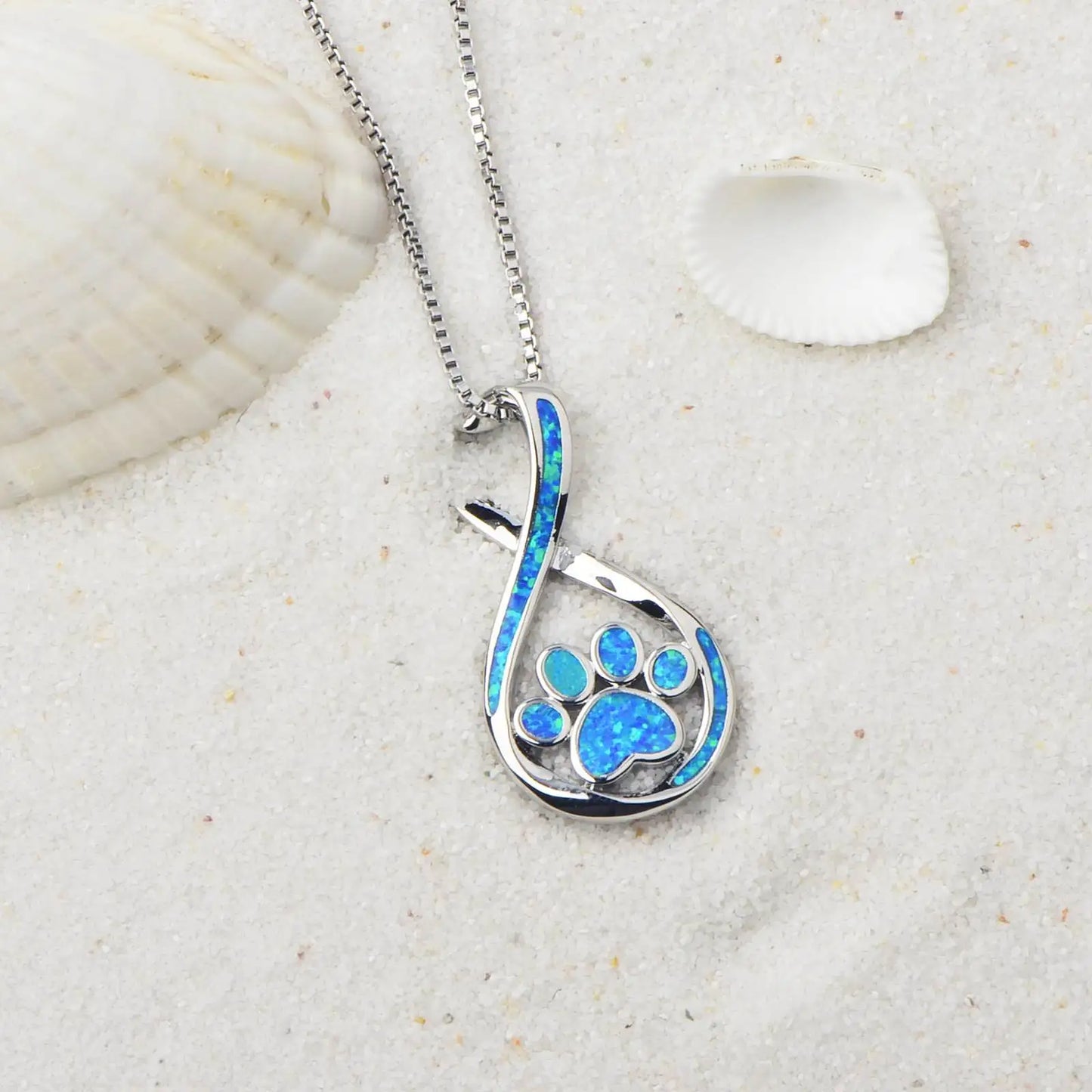 Eternal Pet Paw Opal Pendant Necklace-Blue Fire Opal Infinity Claw Print Design | Copper Silver Plated Pet Memorial Bulk Gift