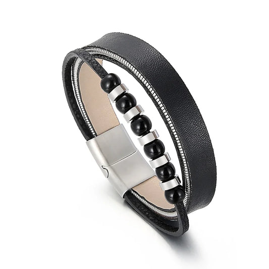 KALEN Mens Bracelets Stainless Steel Cowhide Fashion Jewelry Bead Bracelet Bangles