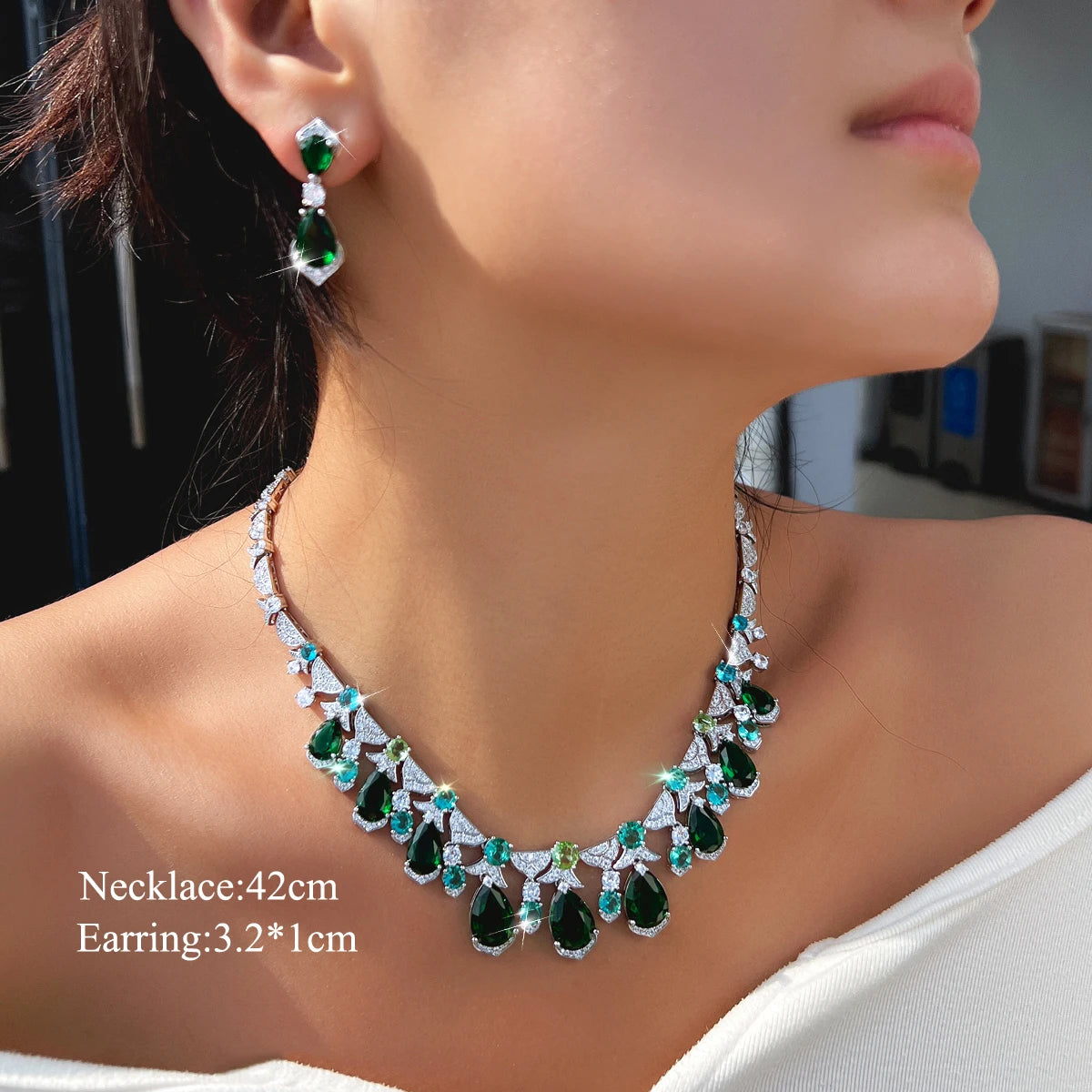 Trendy CZ Jewelry Set Light Blue Round Green Drop Zirconia Tennis Necklace Earrings Jewelry Set for Women Lady Valentine's Gift