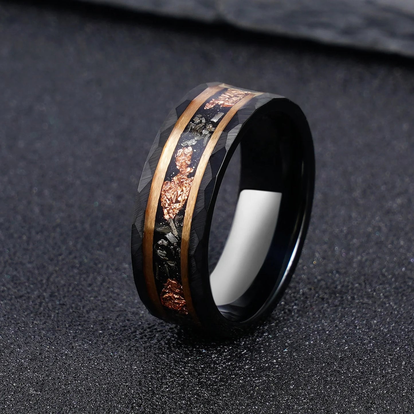 Classic 8mm Black Tungsten Carbide Ring Gold Foil Iron Shavings Inlay Wedding Band Men Anniversary Jewelry