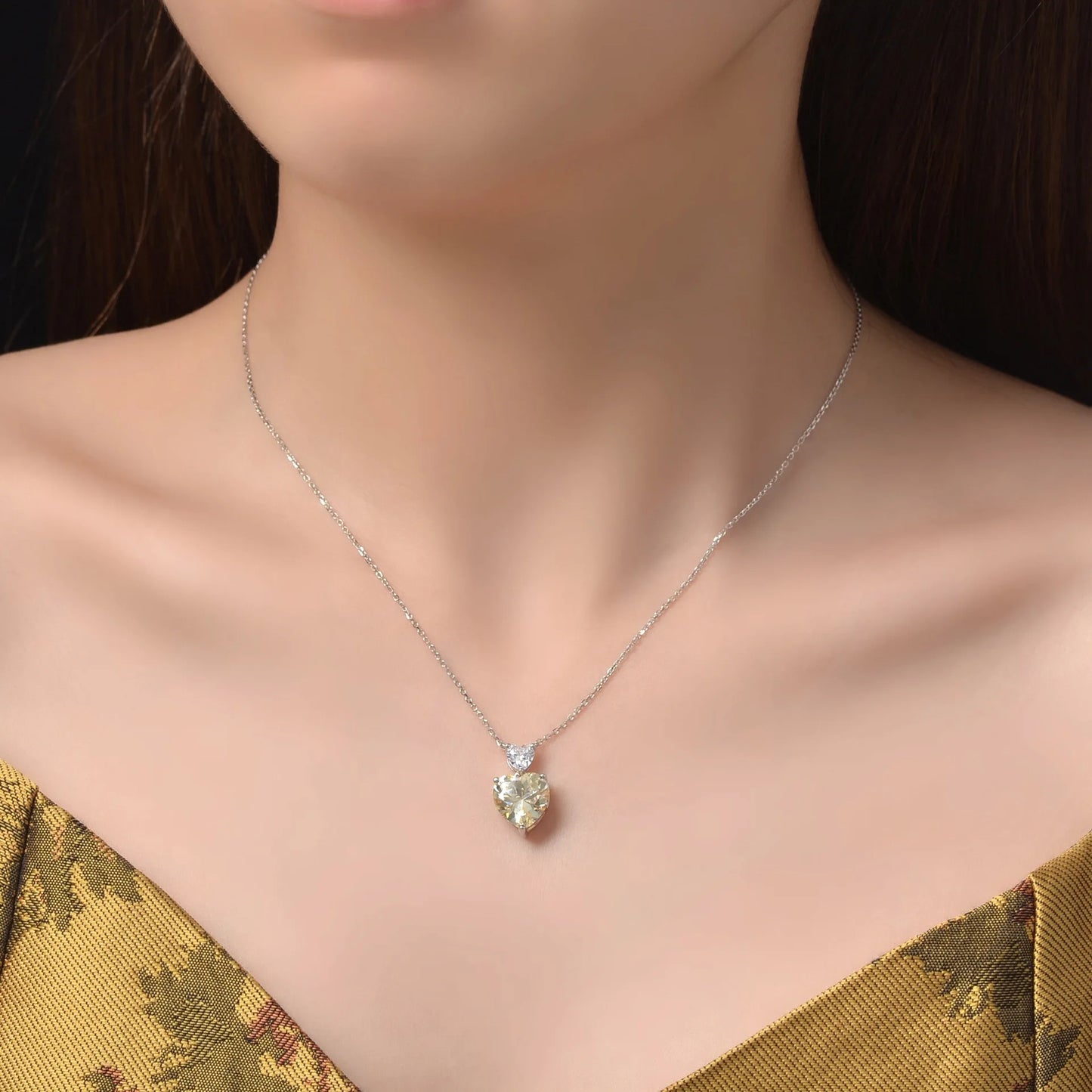 Silverelli | 925 Silver 6.5ct Heart Zircon Pendant Necklace | 10×10mm | Yellow | Platinum Plated
