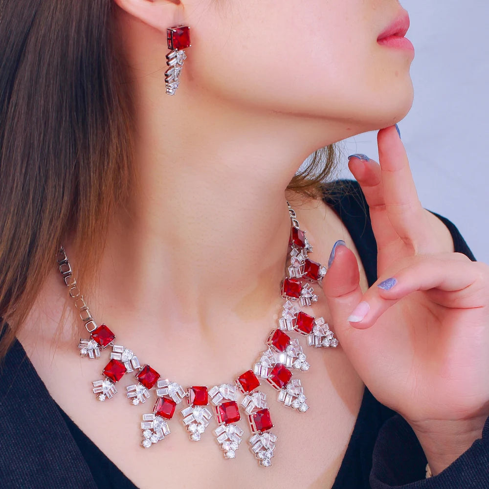 Luxury Exaggerated Women Necklace and Earring Cubic Zircon Elegant Royal Red CZ Jewelry Set for Lady Evening Party