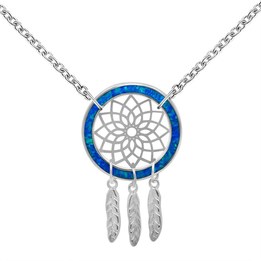 New Cute Blue Opal Bohemian Christian Dreamcatcher Necklace Minimalist Geometric Pendant Silver Plated Copper Box Chain Gift