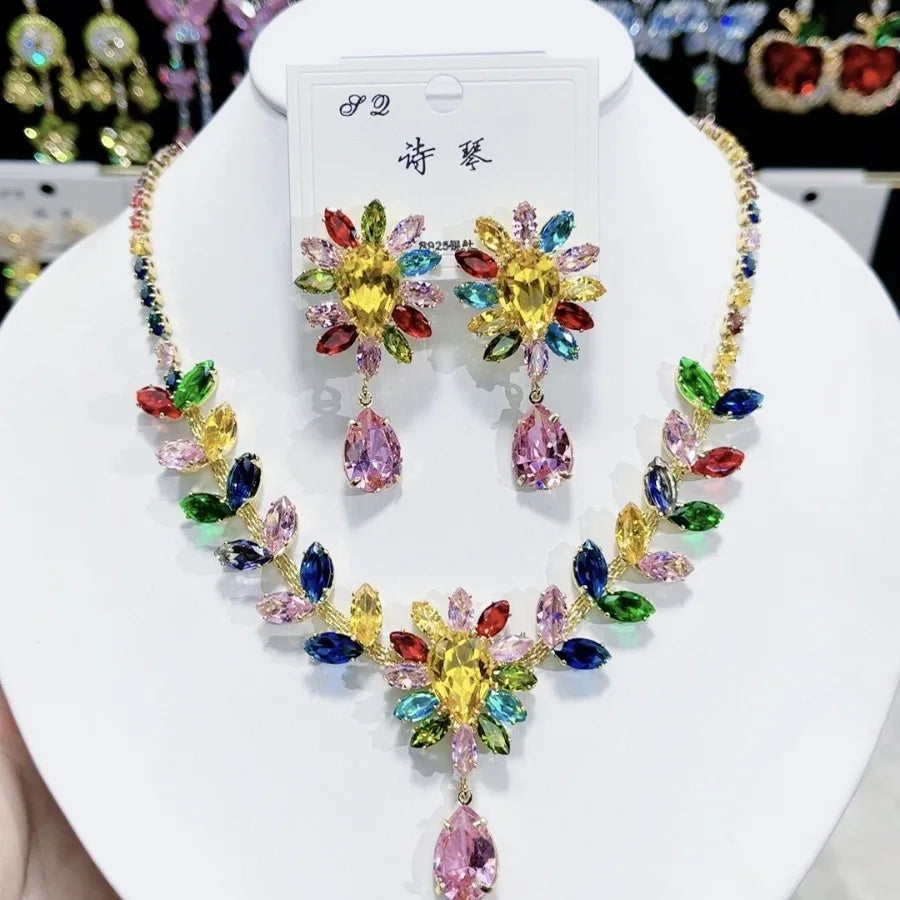 K029 High End Trendy Luxury Exquisite Multi Zircon Flower Necklace and Earrings Set Women Elegant Jewelry Set for Party