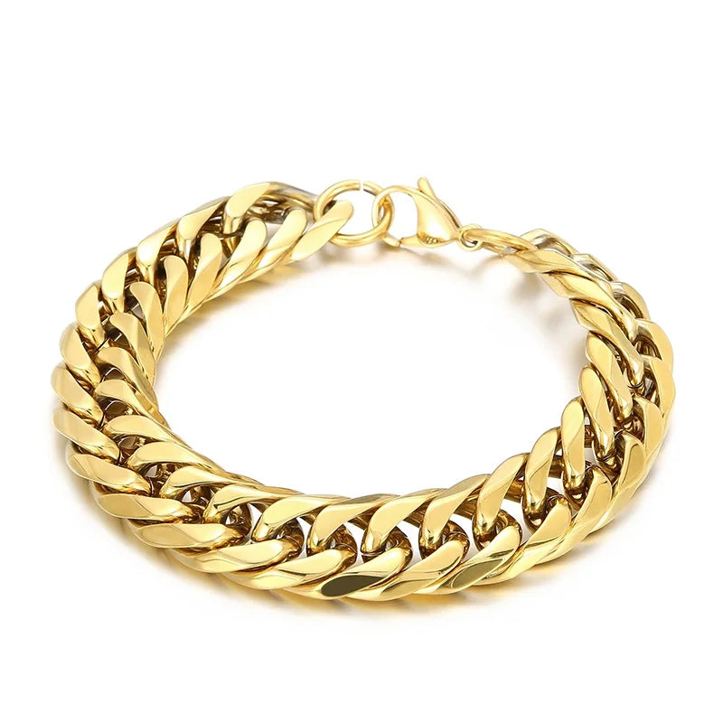 REBEL Hip-pop Gold-Plated Stainless Steel Cuban Link Jewelry Set With 65cm Necklace&23cm Bracelet