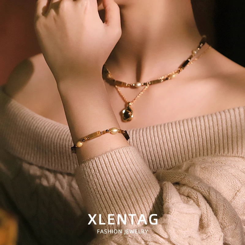 Natural Pearl Long Tiger Eye Stone Pendant Necklace Bracelet Set Luxurious Design Jewelry Set for Banquet Gift for Women GS0221