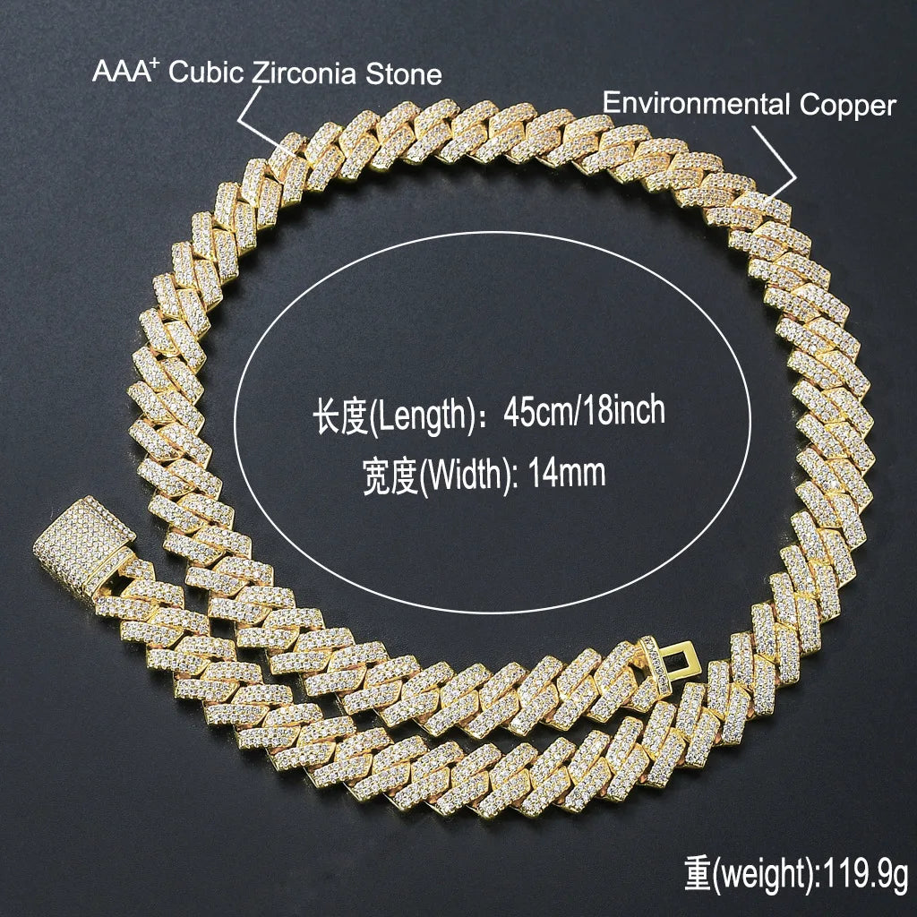S&S European Hot Selling Hip Hop 18K Gold Plated Jewelry Set 14mm Iced Out Miami Cuban Link Chain Necklace and Bracelet Set for Men