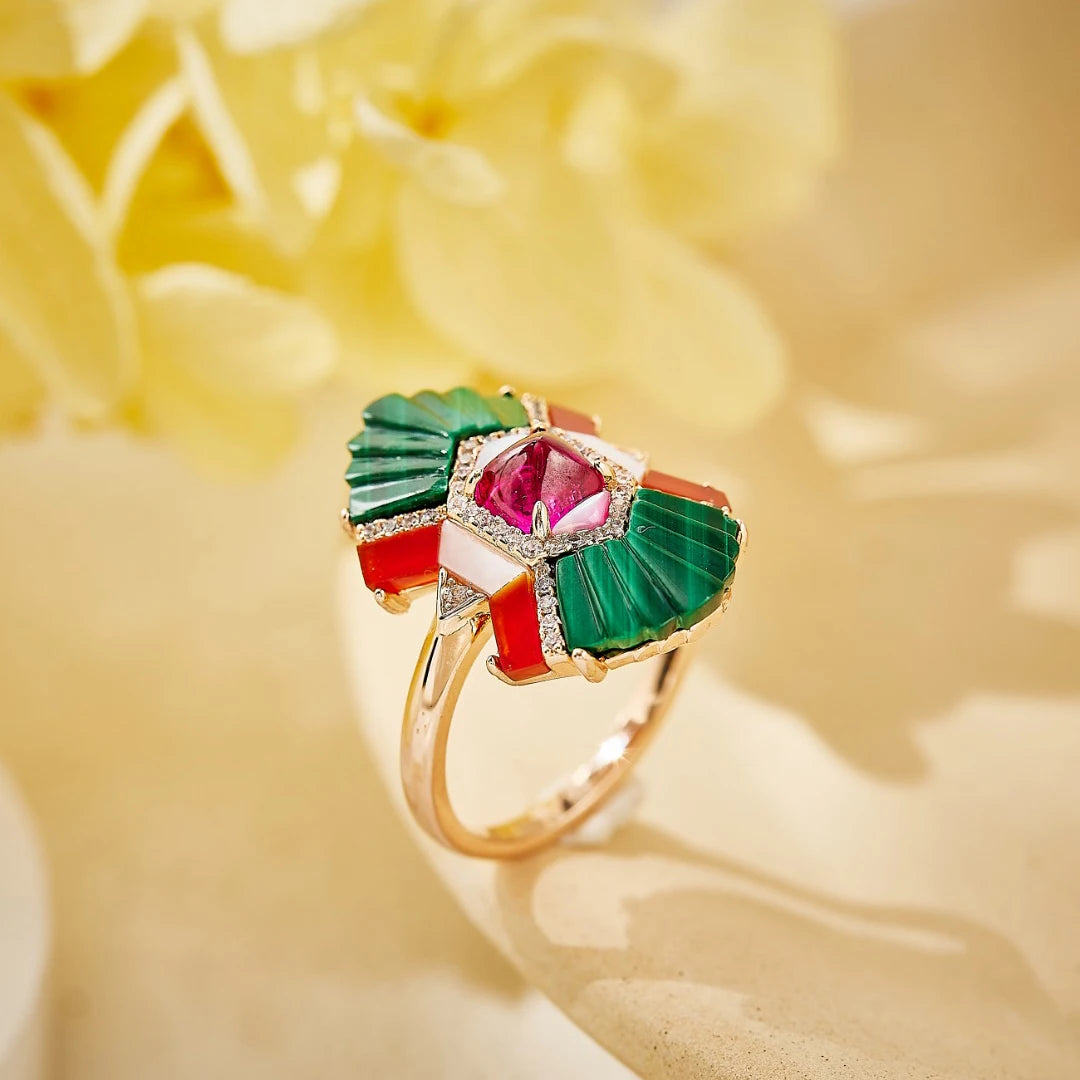 Luxury Green Malachite & Red Ruby Gemstone Claw-Set Pendant Necklace, Earrings & Ring Bridal Set — Rose Gold & Rhodium Plated