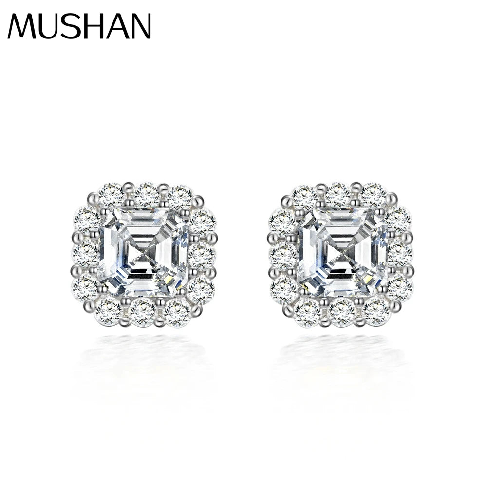 MUSHAN Jewelry Factory 925 Silver 2Carat Square High Carbon Diamond Stud Earrings 7*7 European and American Retro Style Earrings