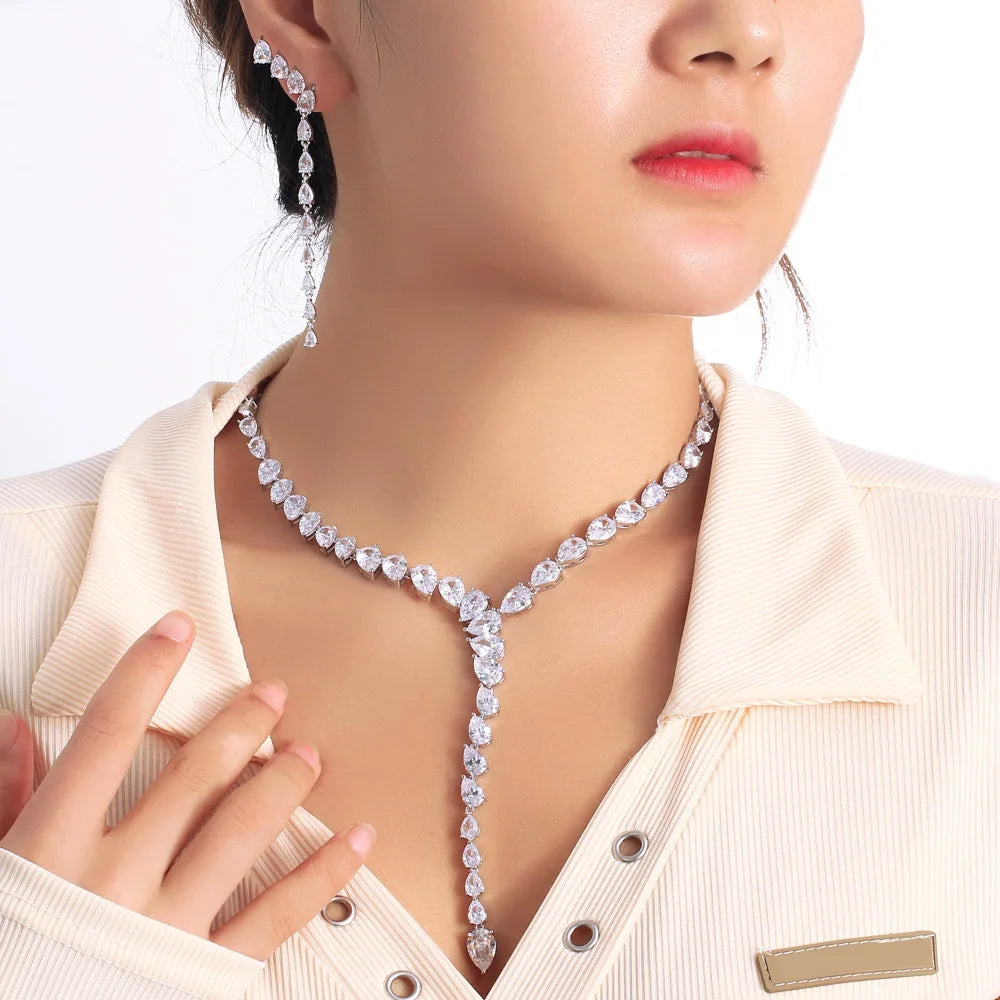 Luxury Green White Colour Zircon Water Drop Pendant Long Earrings Y Shape Necklace Women Party Tennis Necklace Chain Jewelry Set